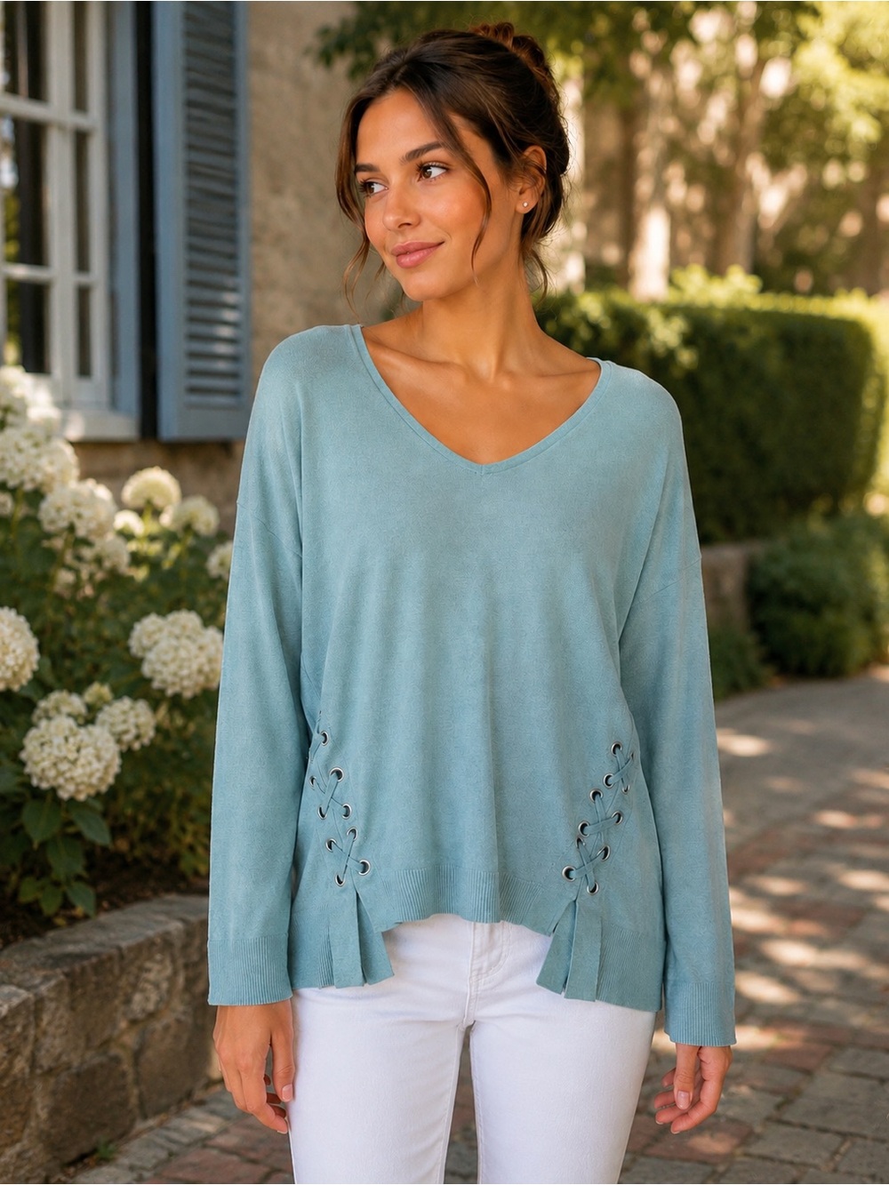 Light Teal V-Neck Lace-Up Hem Women's Top